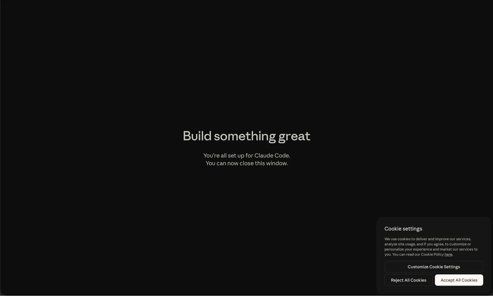 Build something great — Claude Code setup complete confirmation page
