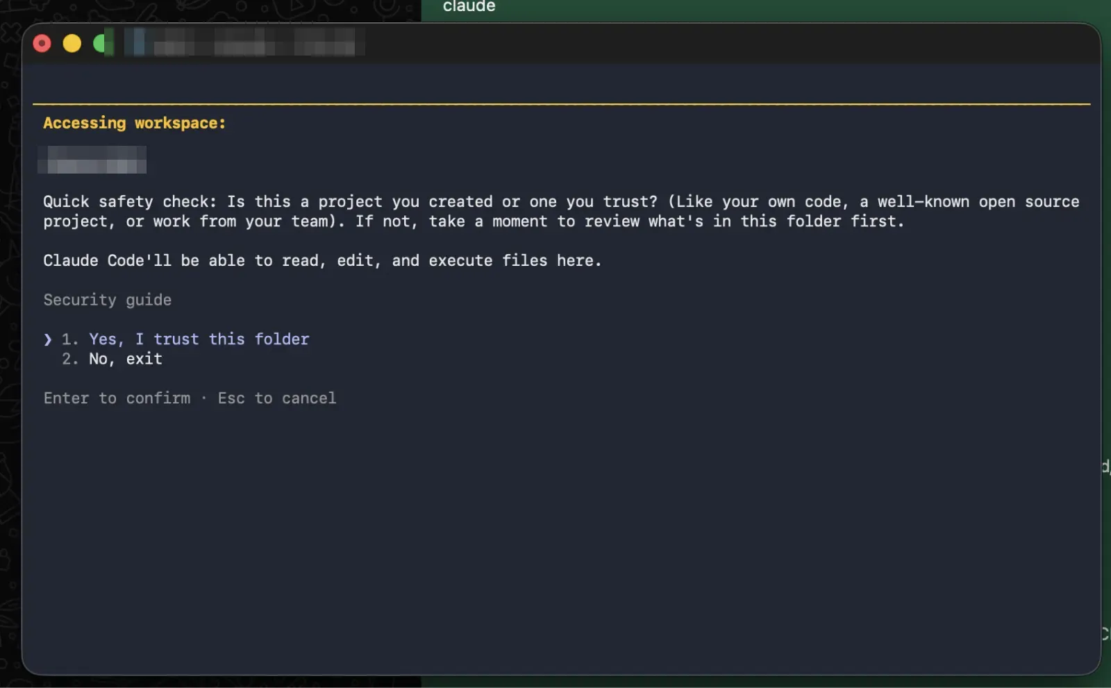 Claude Code workspace trust prompt asking to confirm the folder before reading files