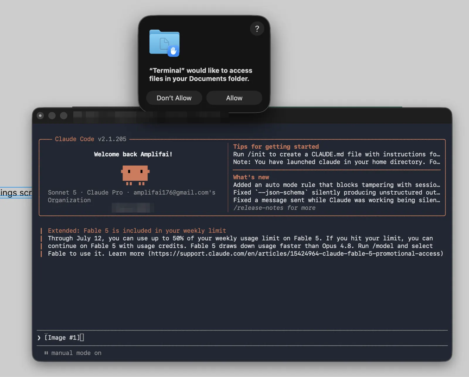 Claude Code welcome screen with macOS asking permission for Terminal to access the Documents folder