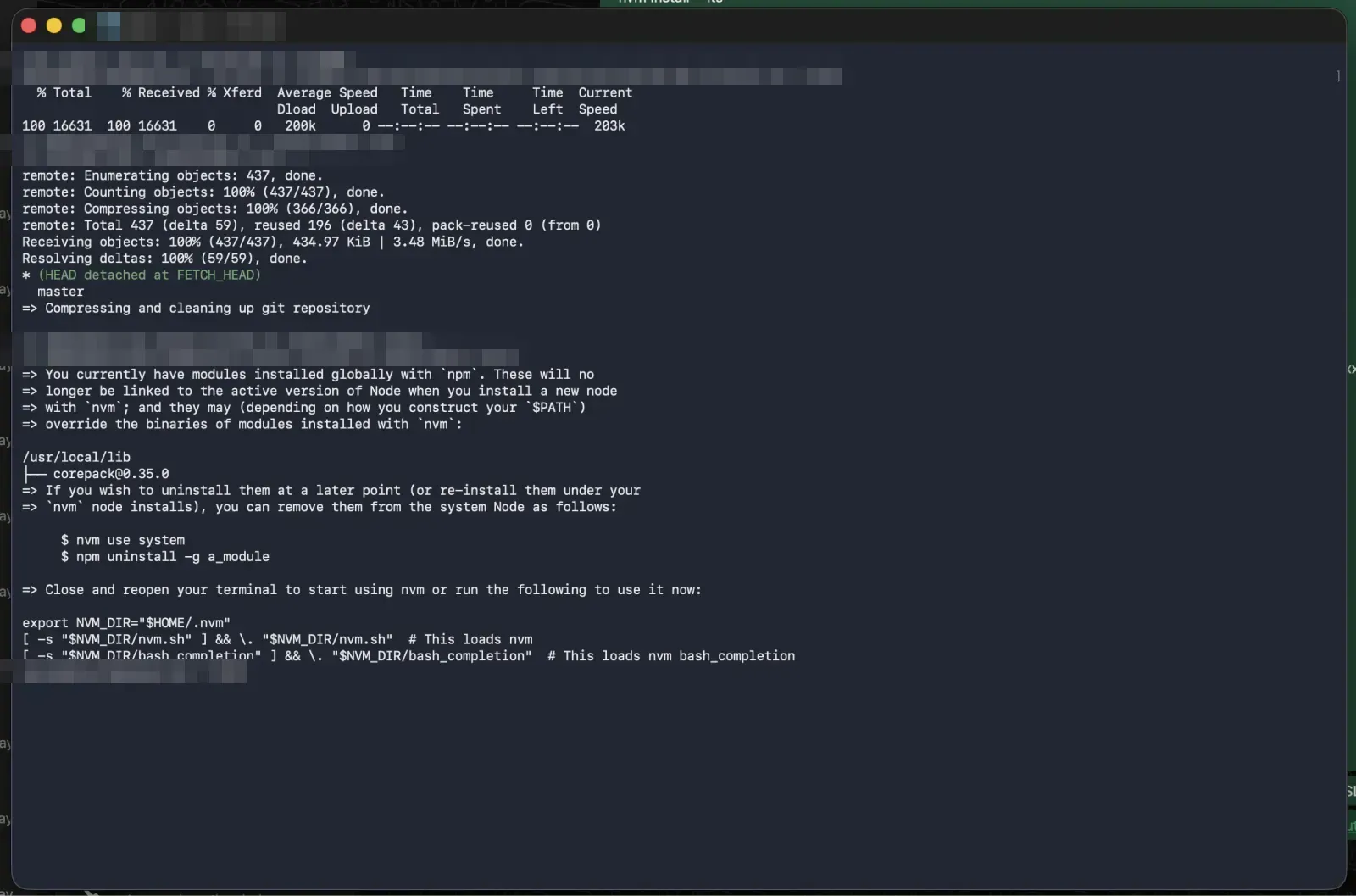 Terminal output of the NVM install script completing successfully